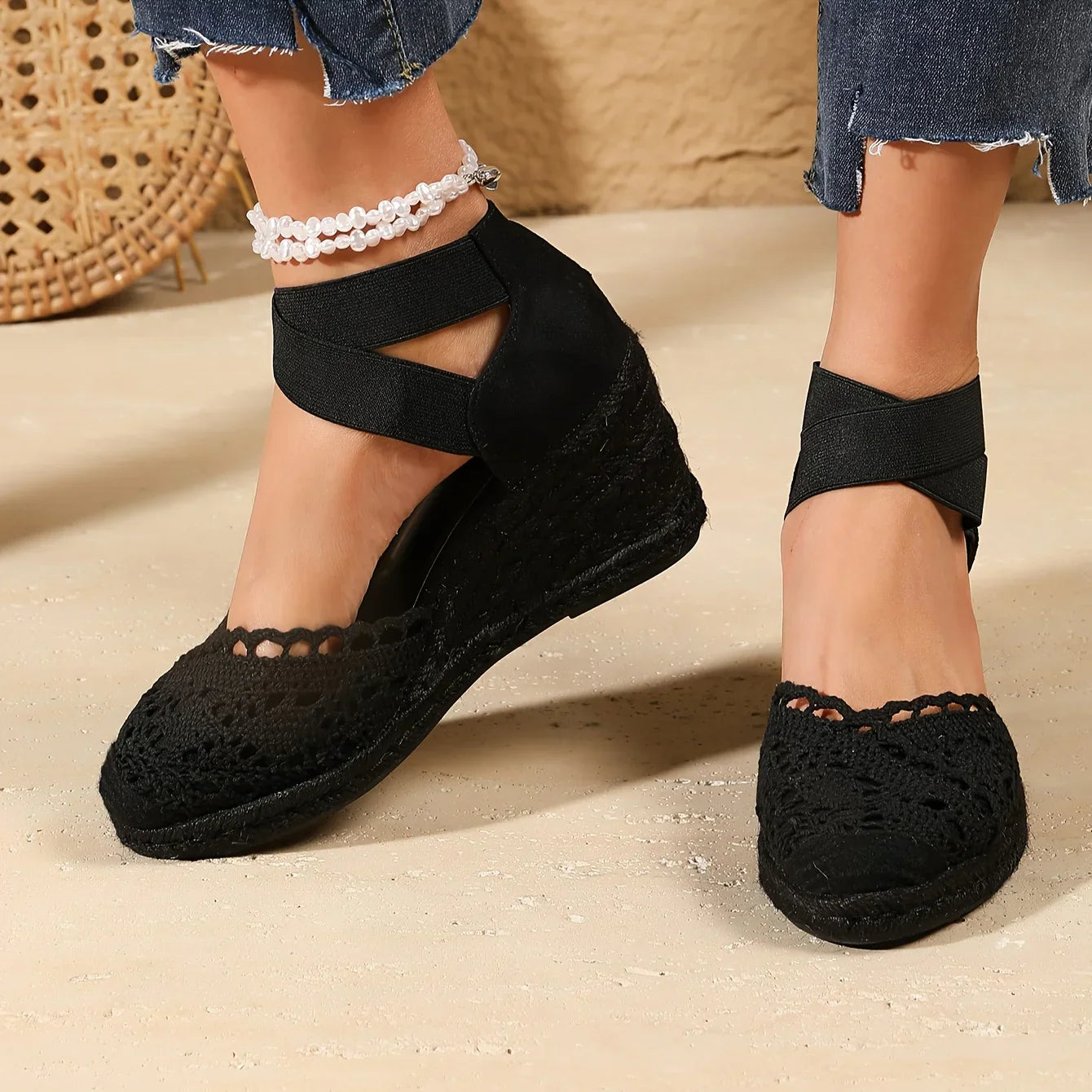 Out-Shine | Elegant Wedge Sandals With Crochet Lace