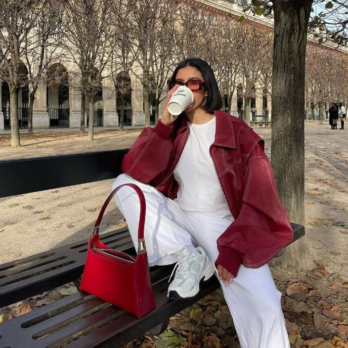 Out-Shine | Red oversize leather jacket