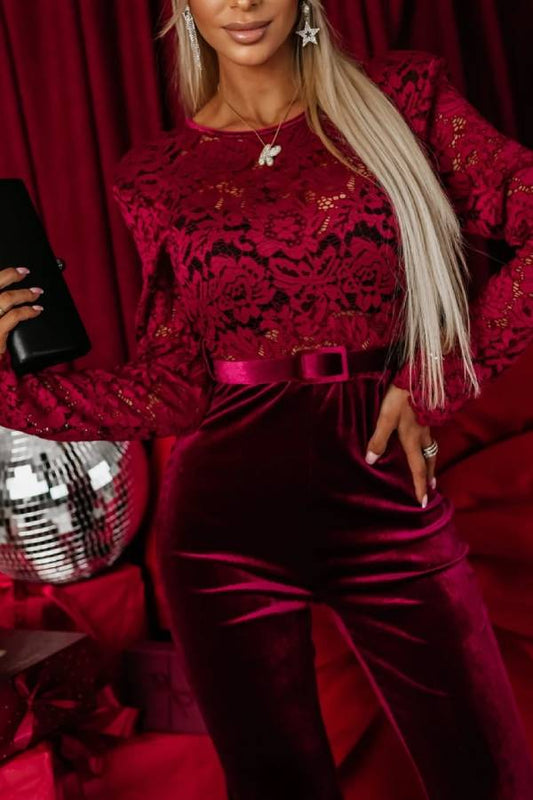 Out-Shine | Lace Velvet Patchwork Long Sleeve Belted Flare Stretch Jumpsuit