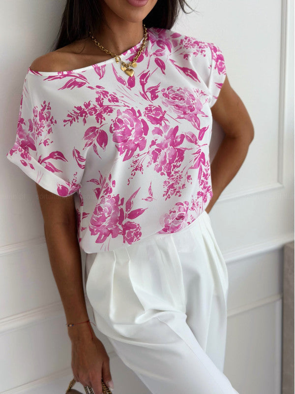 Deslumbra | Camisa holgada de cuello redondo estampada de verano