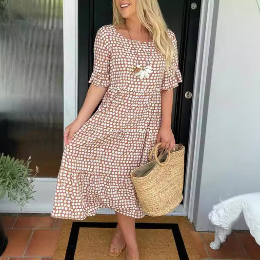 Out-Shine | Summer Roundneck Printed Short Sleeve Dress