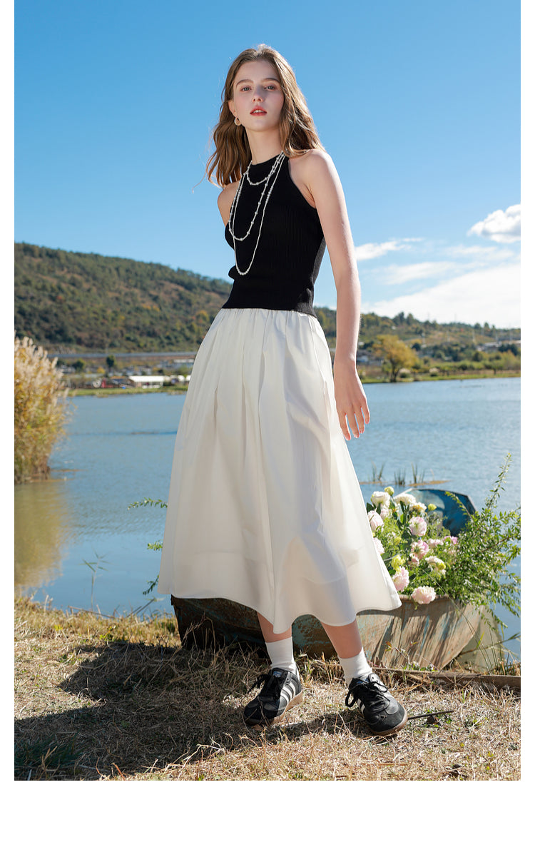Out-Shine | Spring Women Long Skirt, High Waist White Umbrella Skirt, A-shaped Pendulum