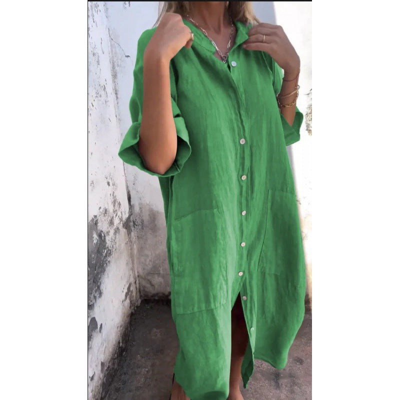 Out-Shine | cotton linen shirt dress with three quarter sleeves
