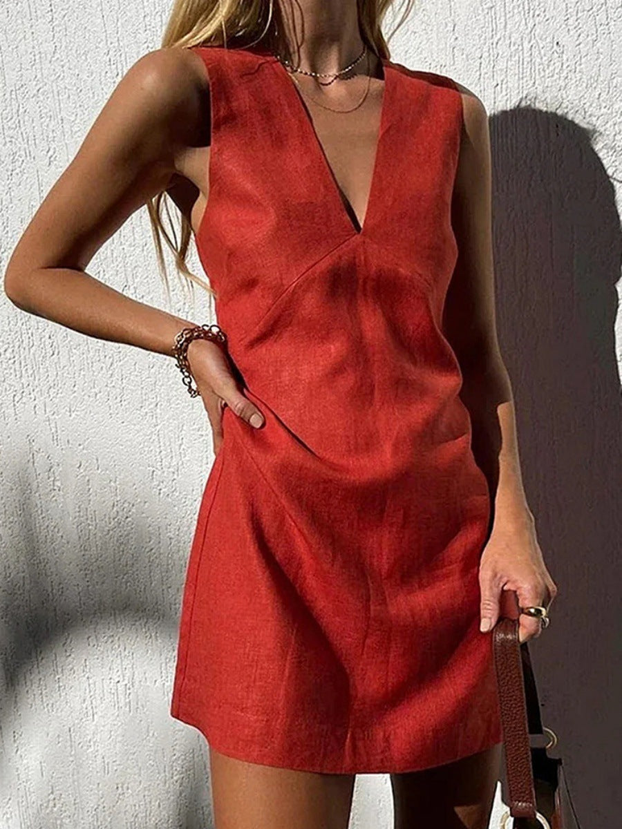 Out-Shine | Cotton linen V neck sleeveless Slim Fit tank dress