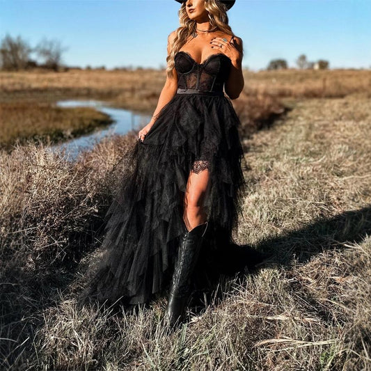 Deslumbra | Vestido largo Pure Desire de encaje de malla elástica con estampado de espiga