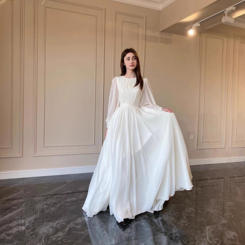 Out-Shine | Transparent White Wedding Dress Round Neck Long Sleeve Dress