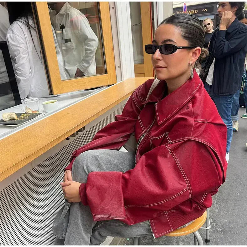 Out-Shine | Red oversize leather jacket