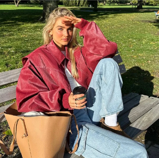 Out-Shine | Red oversize leather jacket