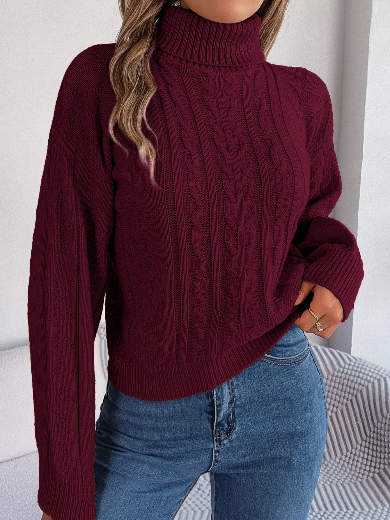 Out-Shine | High Collar Twist Knit Long Sleeve Pullover Sweater