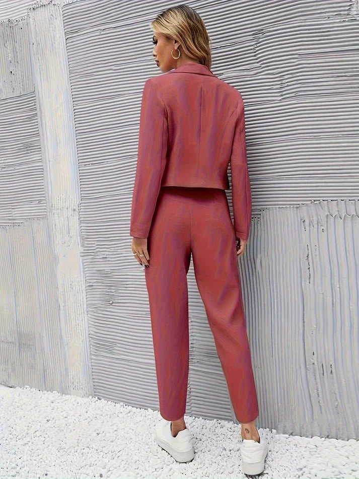 Out-Shine | Crop Blue Jacket & Tapered Pants Outfit Set for Women