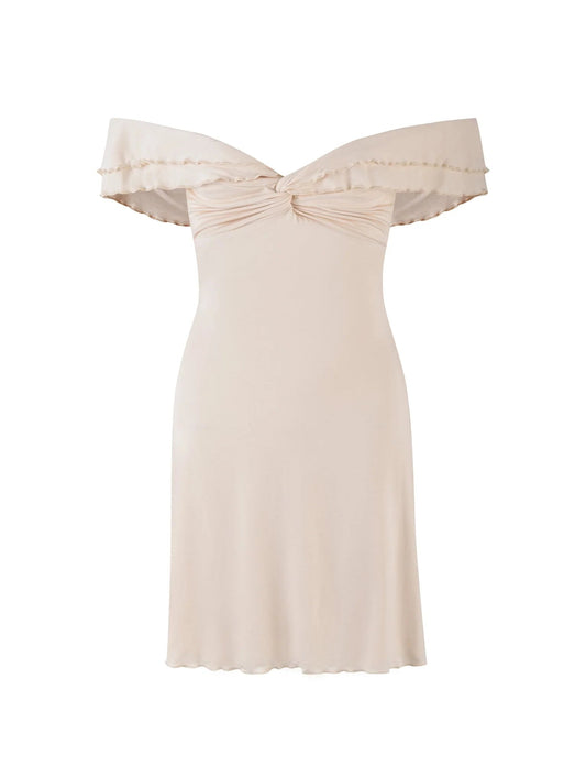 Deslumbra | Minivestido Kjole Beige con Hombros Descubiertos