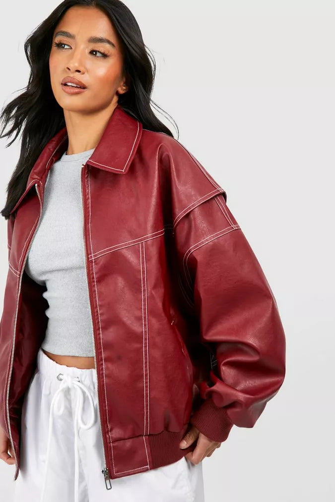Out-Shine | Red oversize leather jacket