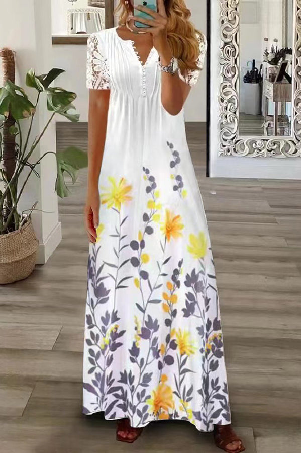 Out-Shine | Boho Floral V-neck Button Lace Sleeve Vacation Beach Maxi Dress