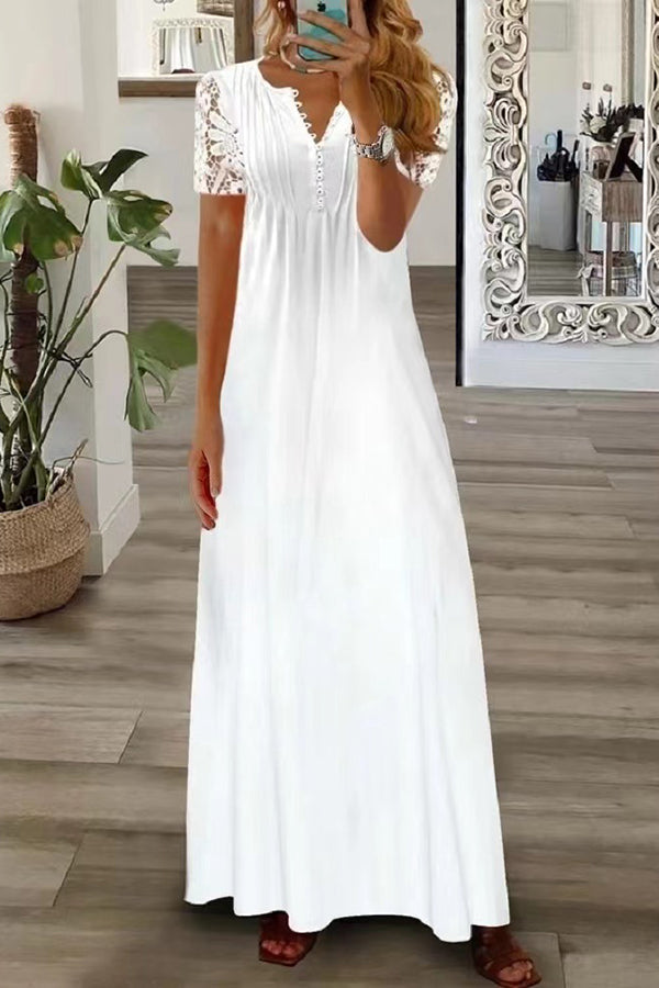 Out-Shine | Boho Floral V-neck Button Lace Sleeve Vacation Beach Maxi Dress