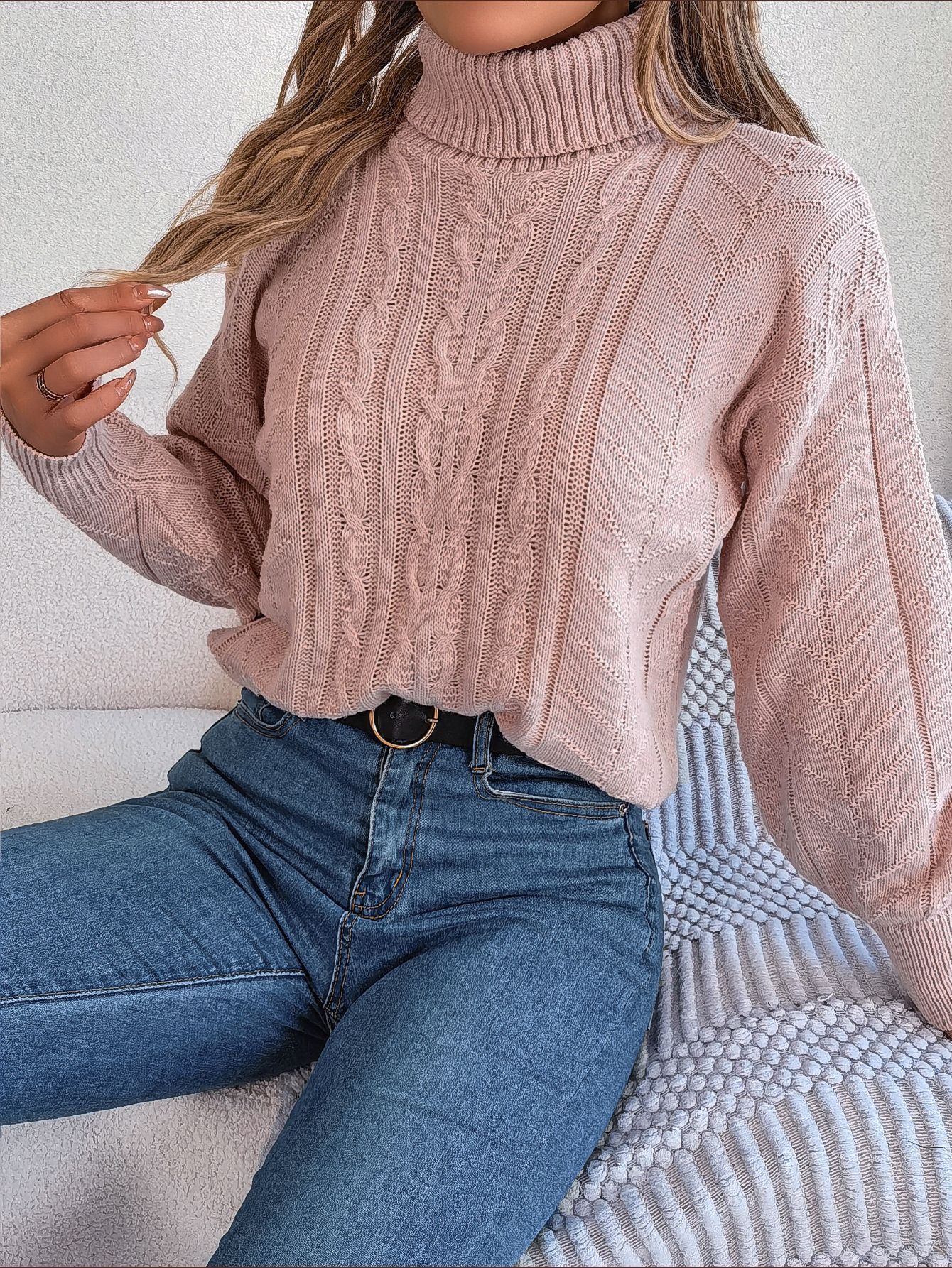 Out-Shine | High Collar Twist Knit Long Sleeve Pullover Sweater