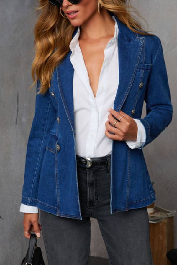 Out-Shine | On Me Faux Double Breasted Denim Blazer