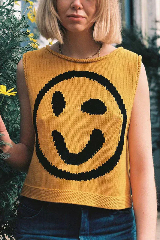 Out-Shine | Happy Face Knit Unique Pattern Versatile Loose Tank Top