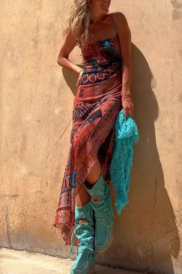 Out-Shine | Sleeveless Printed Elastic Slit Suspender Mesh Dress