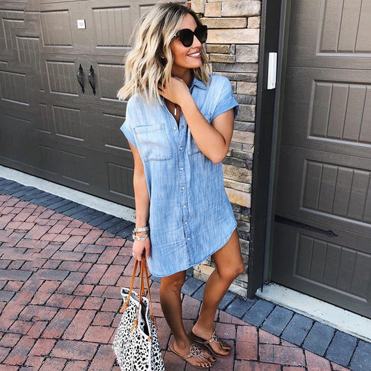 Out-Shine | Short Sleeves Denim Button Shirt Dress