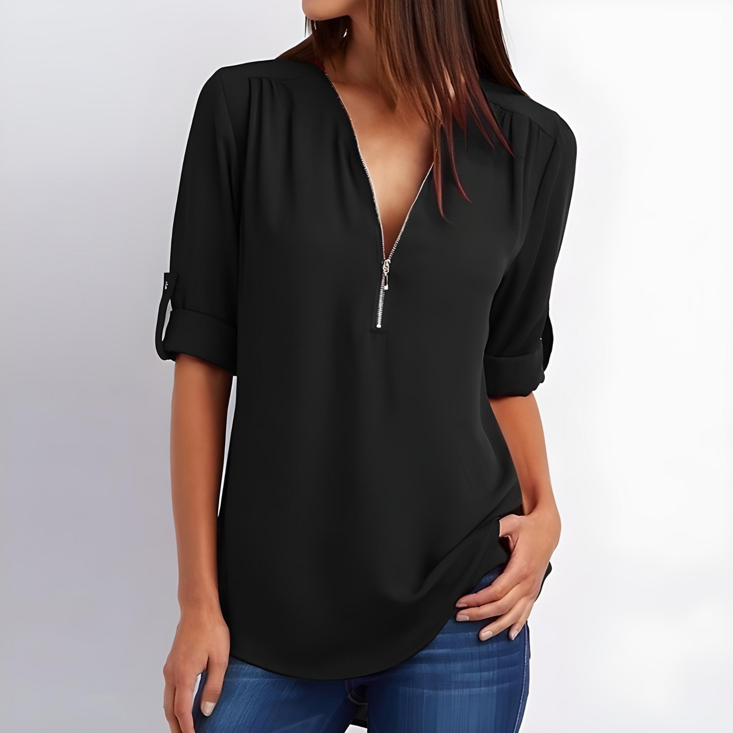 Deslumbra | Blusa elegante con cremallera y cuello en V 