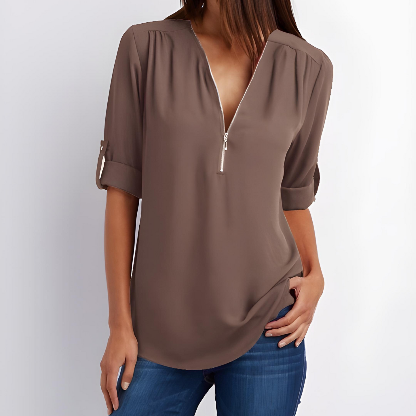 Deslumbra | Blusa elegante con cremallera y cuello en V 