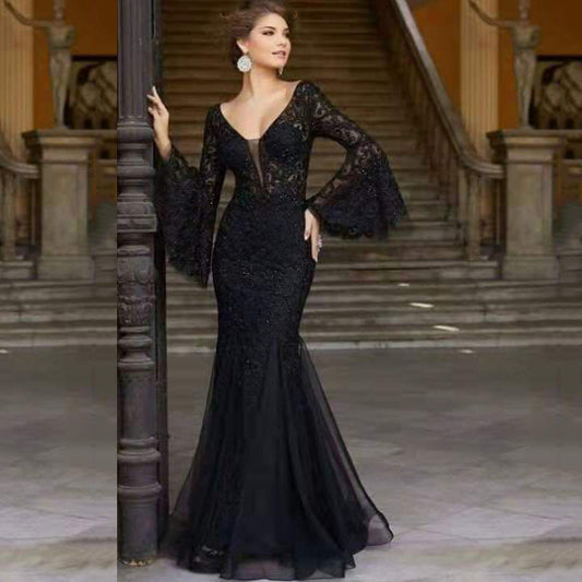 Out-Shine | Lace Embroidered Black Mermaid Evening Dress
