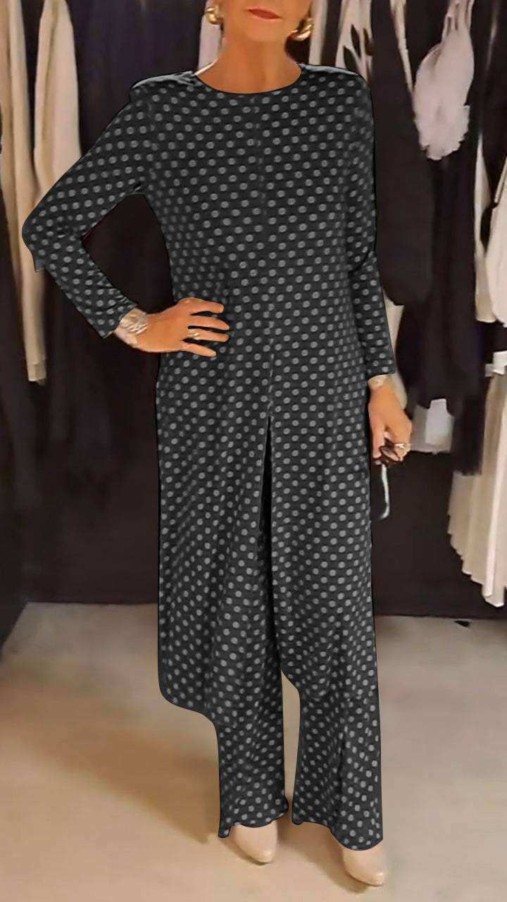 Out-Shine | Women's Round Neck Long Sleeve Polka Dot Print Suit