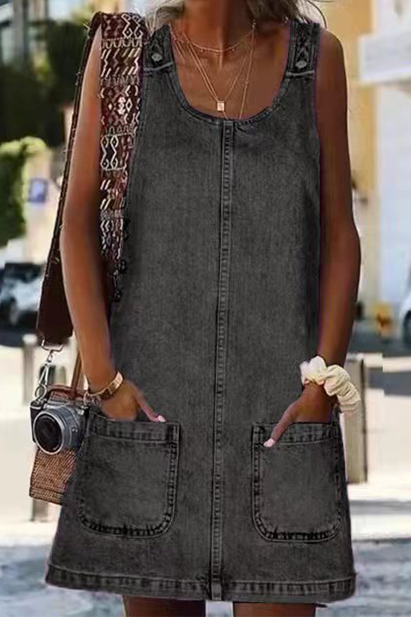 Out-Shine | Relaxed Street Solid Pocket U - Neck Dresses