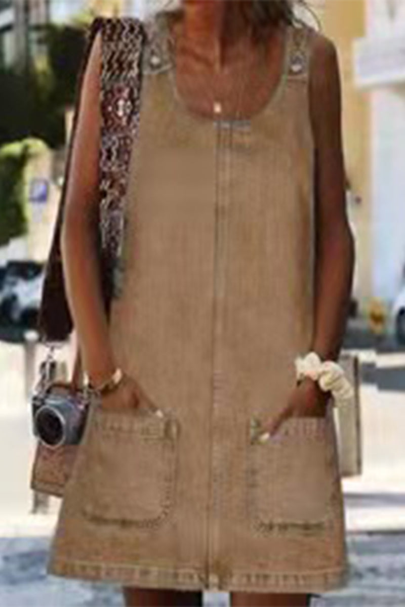 Out-Shine | Relaxed Street Solid Pocket U - Neck Dresses