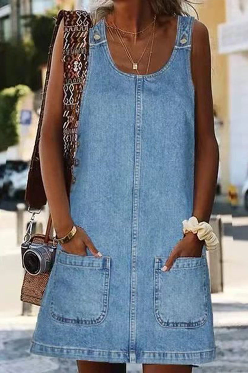 Out-Shine | Relaxed Street Solid Pocket U - Neck Dresses