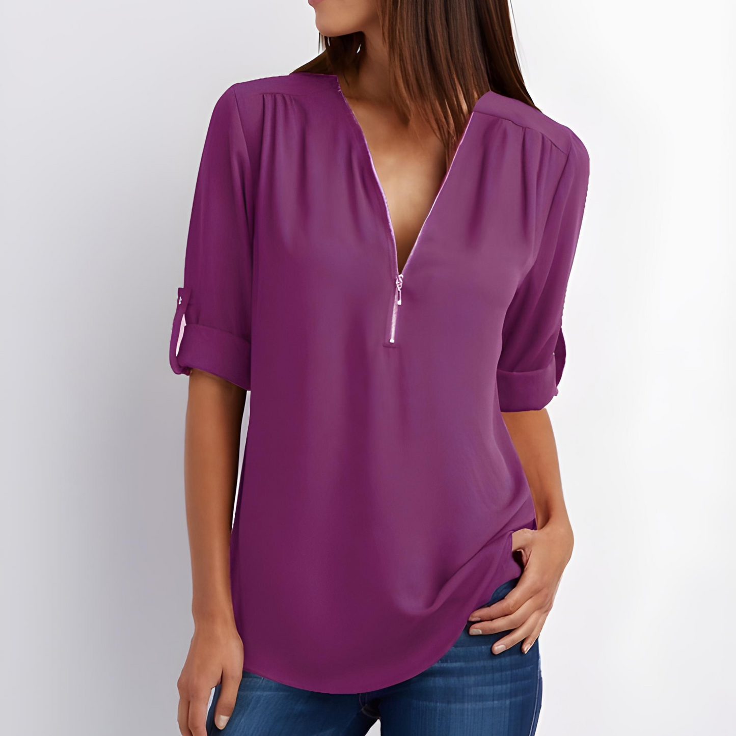 Deslumbra | Blusa elegante con cremallera y cuello en V 