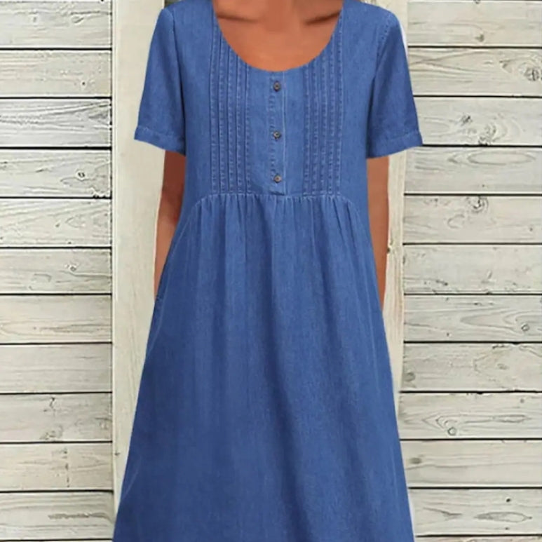 Out-Shine | Shaped Collar Mid-Length Elegant Denim Short Sleeve Dress