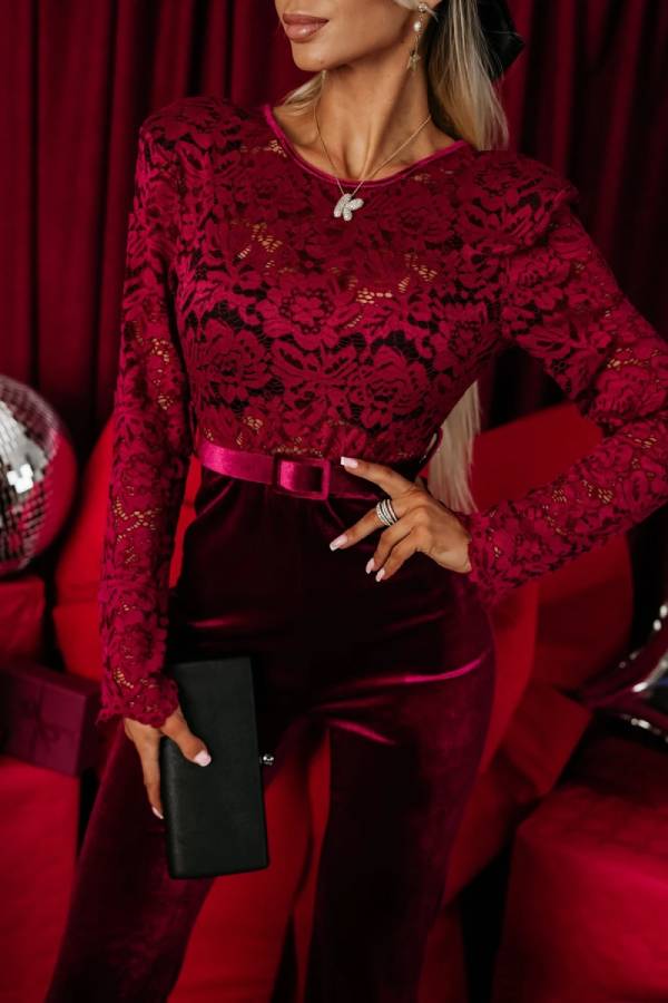 Out-Shine | Lace Velvet Patchwork Long Sleeve Belted Flare Stretch Jumpsuit