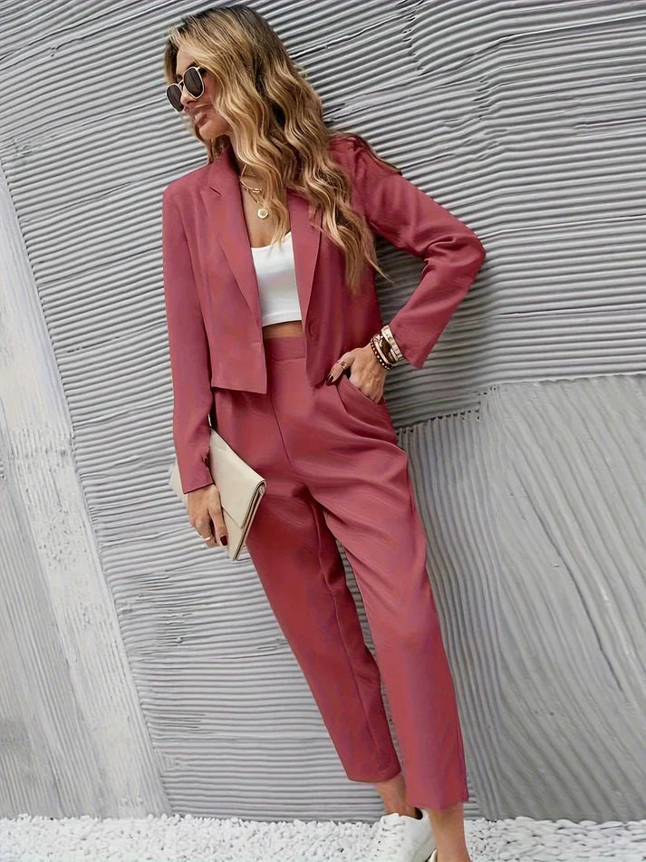 Out-Shine | Crop Blue Jacket & Tapered Pants Outfit Set for Women