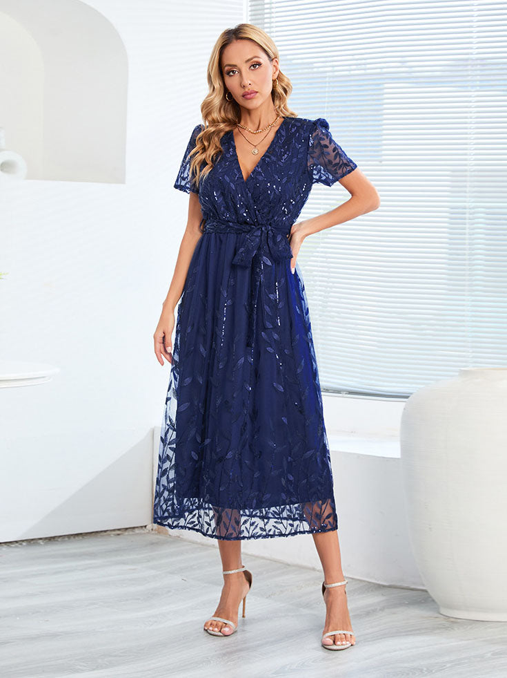 Out-Shine | Short Sleeve Cross V Neck Belt Midi Dress