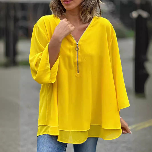 Out-Shine | Chiffon zipper top with V-neck