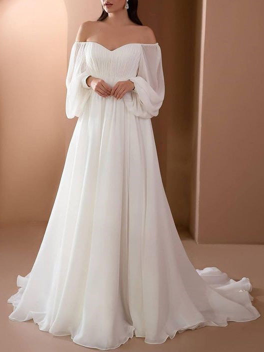 Out-Shine | Off Shoulder Long Sleeve White Wedding Dress