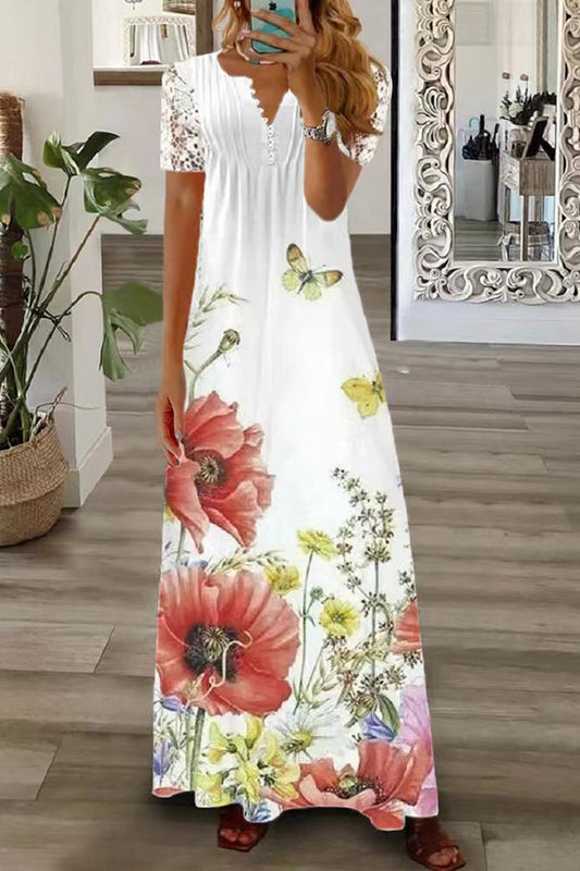 Out-Shine | Boho Floral V-neck Button Lace Sleeve Vacation Beach Maxi Dress