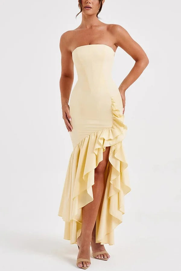 Deslumbra | Vestido largo ajustado con hombros descubiertos y bajo irregular