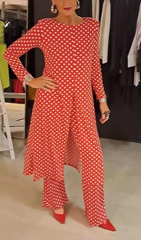 Out-Shine | Women's Round Neck Long Sleeve Polka Dot Print Suit