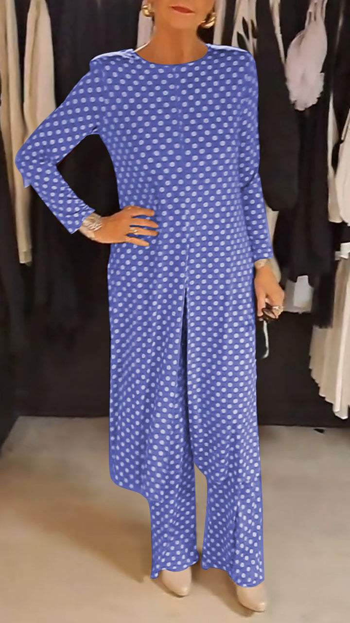 Out-Shine | Women's Round Neck Long Sleeve Polka Dot Print Suit