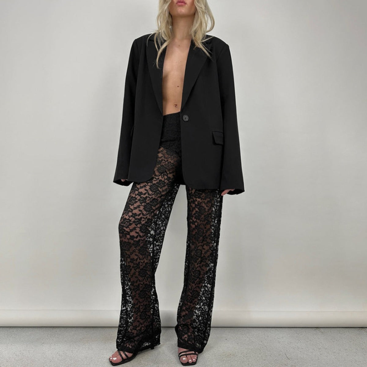 Out-Shine | Lace perspective high waist splice long straight pants
