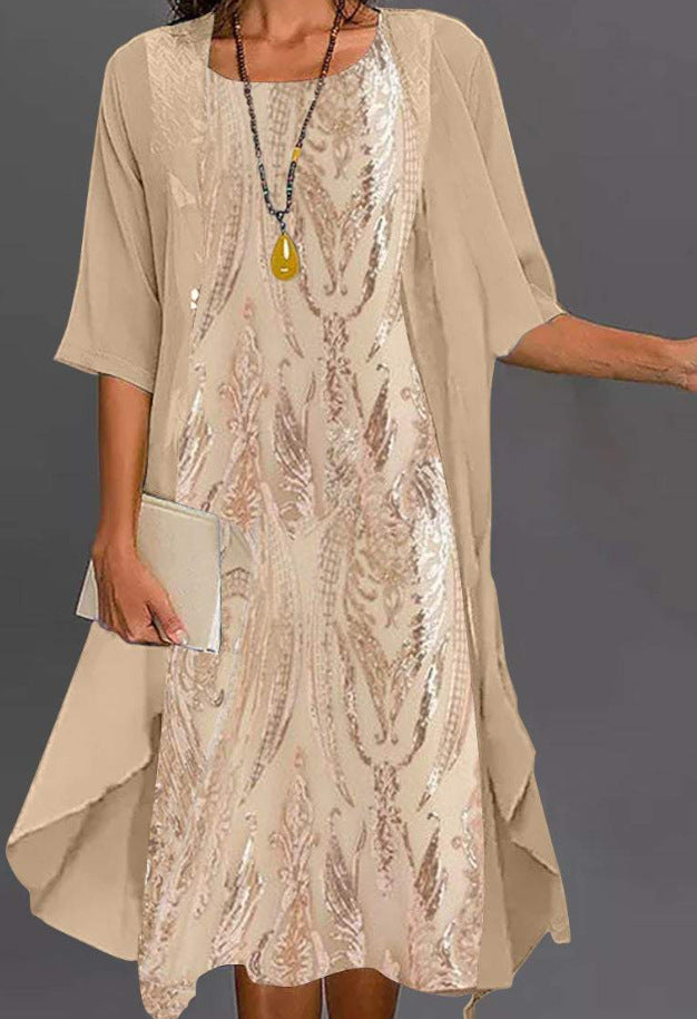 Out-Shine | Casual Printing Chiffon Dress Two-Piece Set