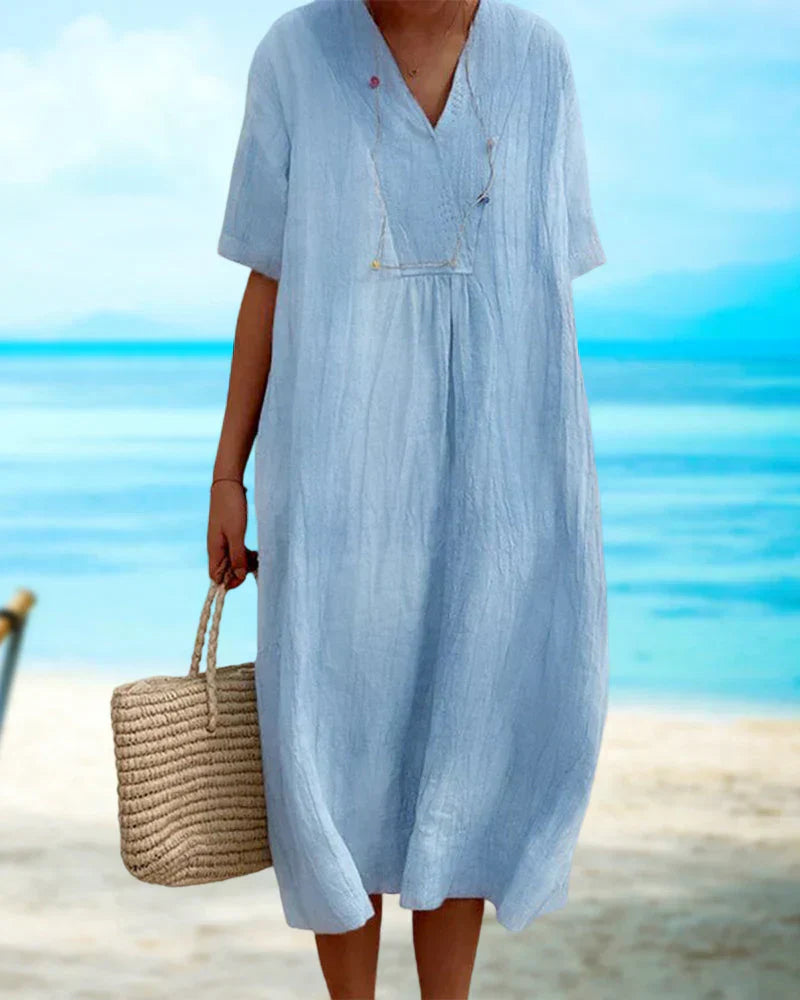 Deslumbra | Vestido de manga corta y cuello en V de color liso para mujer