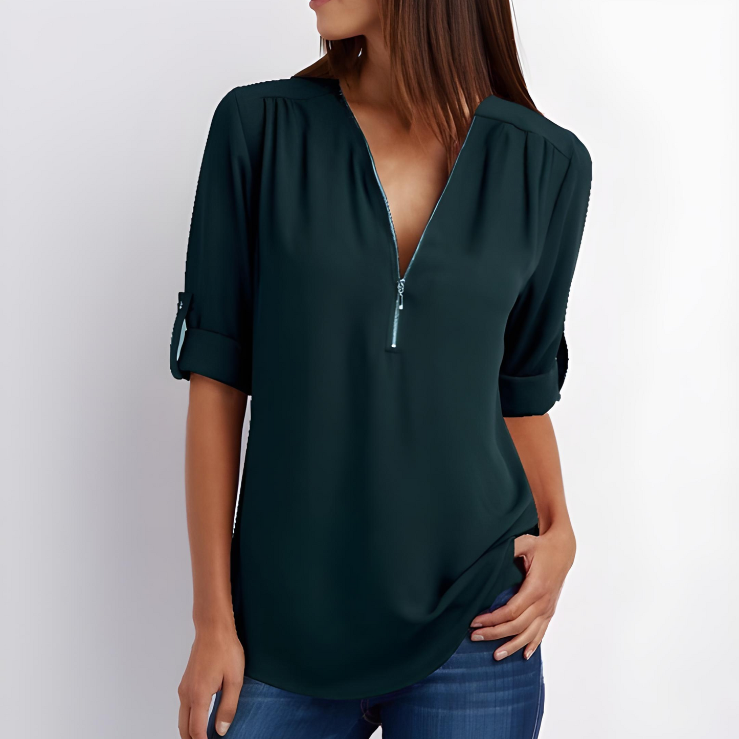 Deslumbra | Blusa elegante con cremallera y cuello en V 