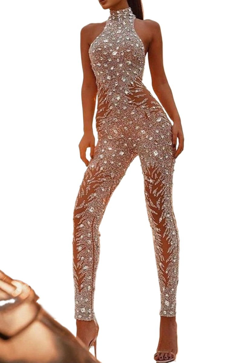 Out-Shine | Sexy Patchwork Hot Drilling Backless Halter Skinny Jumpsuits