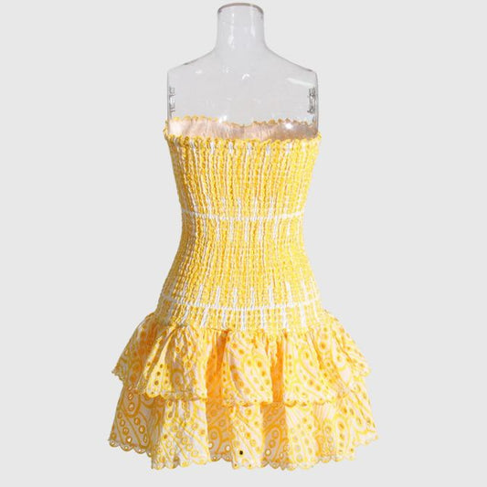 Deslumbra | Minivestido bandeau fruncido con estampado paisley azul