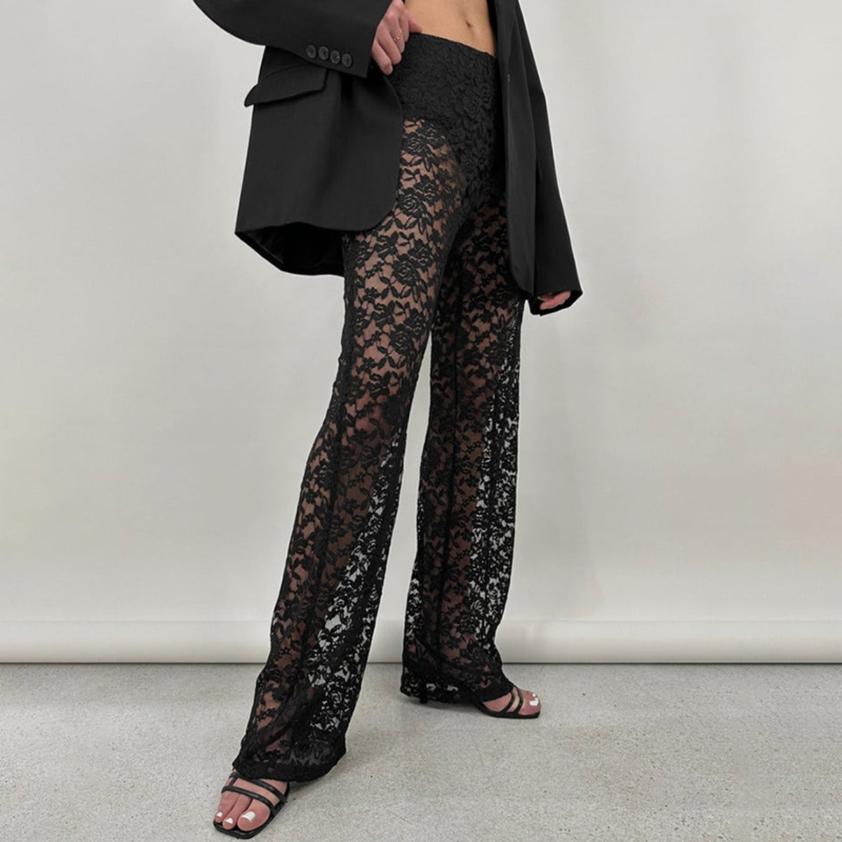 Out-Shine | Lace perspective high waist splice long straight pants