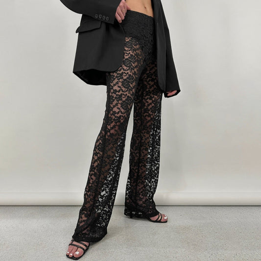 Out-Shine | Lace perspective high waist splice long straight pants
