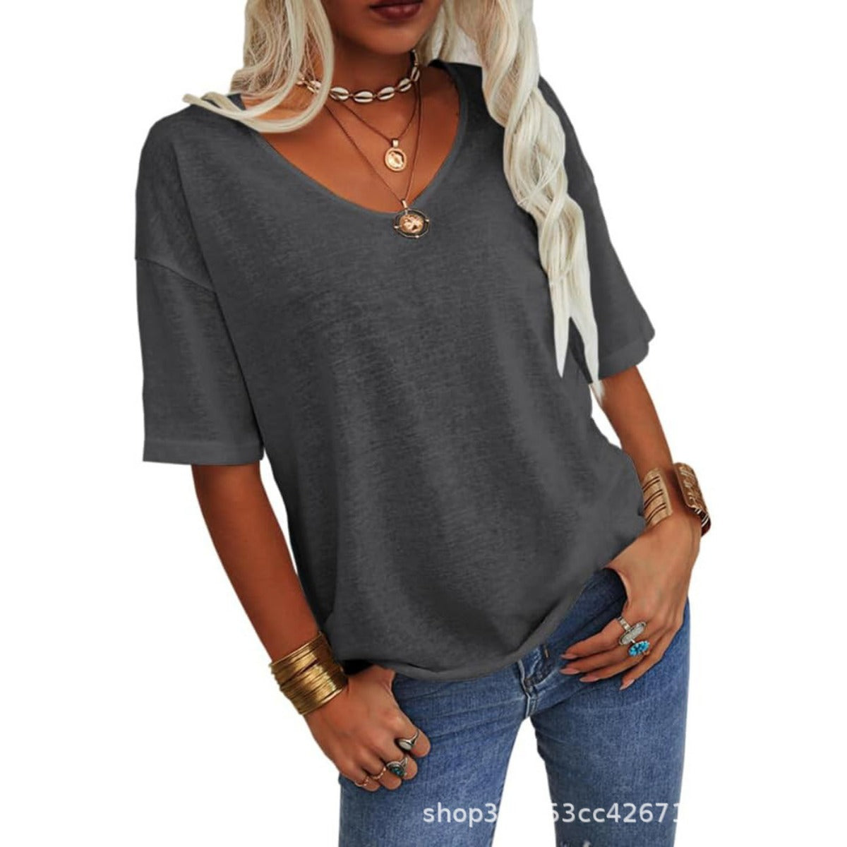 Out-Shine | Loose Shirt With V-Neck And Half Sleeves